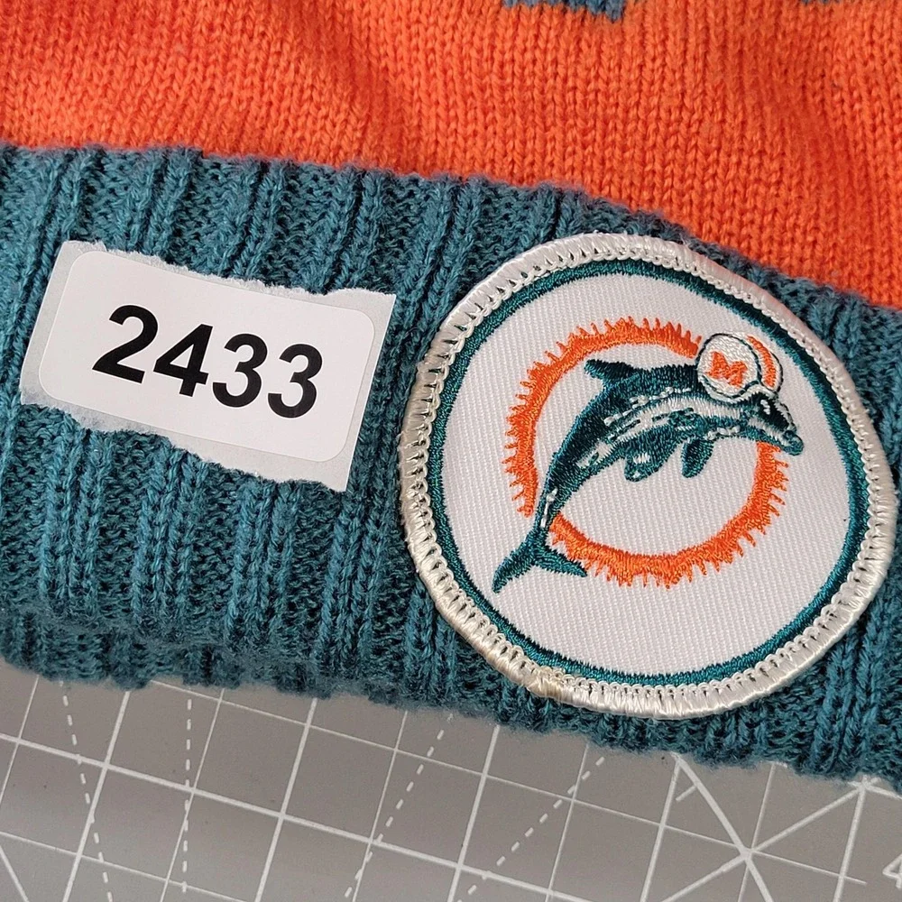 Miami‎ Dolphins Hat Beanie Mens Orange Teal NFL Football Pom Cuffed Knit Script